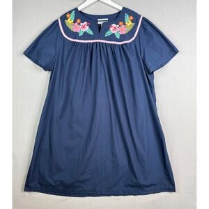 Go Softly Patio Dress Womens XL Navy Blue Embroidered Floral Short Sleeve Pocket